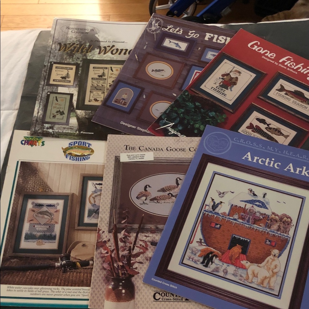6 Cross-Stitch Pattern Booklets vintage Fishing wildlife animals Noah’s ark